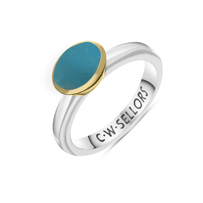 9ct Yellow Gold Sterling Silver Turquoise Stepping Stones 6x8mm Oval Bezel Set Ring