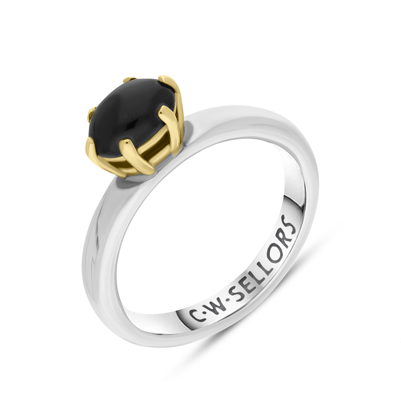 9ct Yellow Gold Sterling Silver Whitby Jet Stepping Stones 4x7mm Oval Claw Set Ring D
