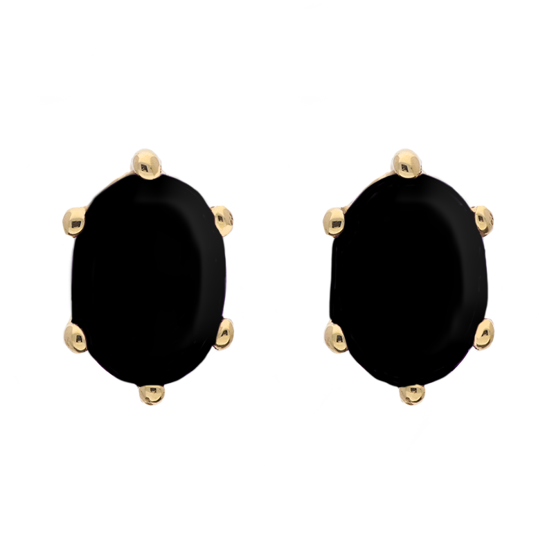 9ct Yellow Gold Sterling Silver Whitby Jet Stepping Stones 4x7mm Oval Claw Set Stud Earrings D