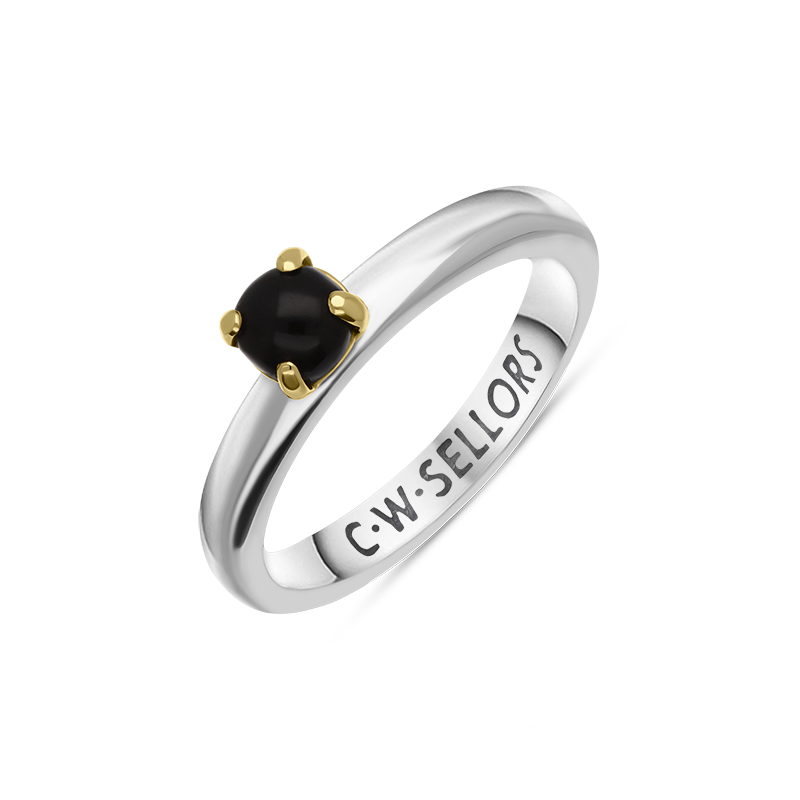 9ct Yellow Gold Sterling Silver Whitby Jet Stepping Stones 5mm Round Claw Set Ring D