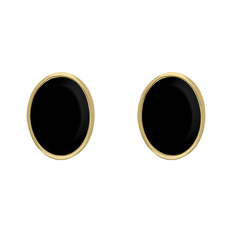 9ct Yellow Gold Sterling Silver Whitby Jet Stepping Stones 6x8mm Oval Stud Earrings