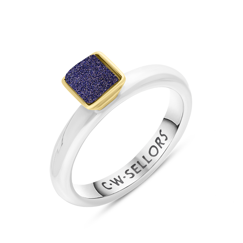 9ct Yellow Gold Sterling Silver Blue Goldstone Stepping Stones 5mm Square Bezel Set Ring