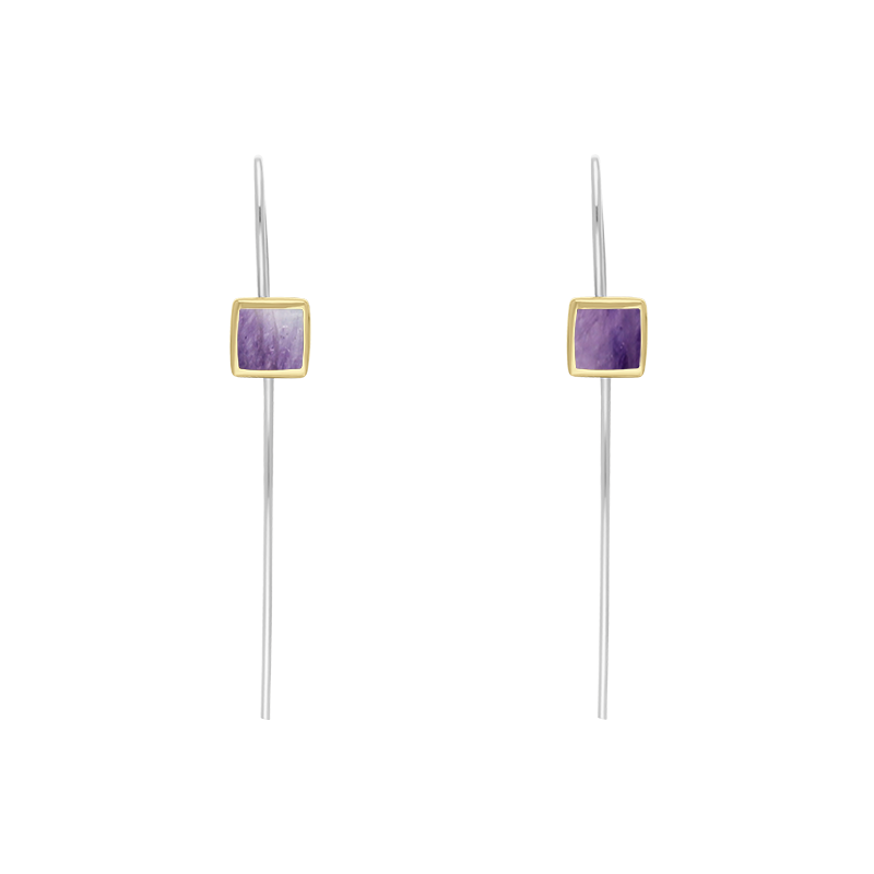 9ct Yellow Gold Sterling Silver Blue John Stepping Stones 5mm Square Hook Earrings