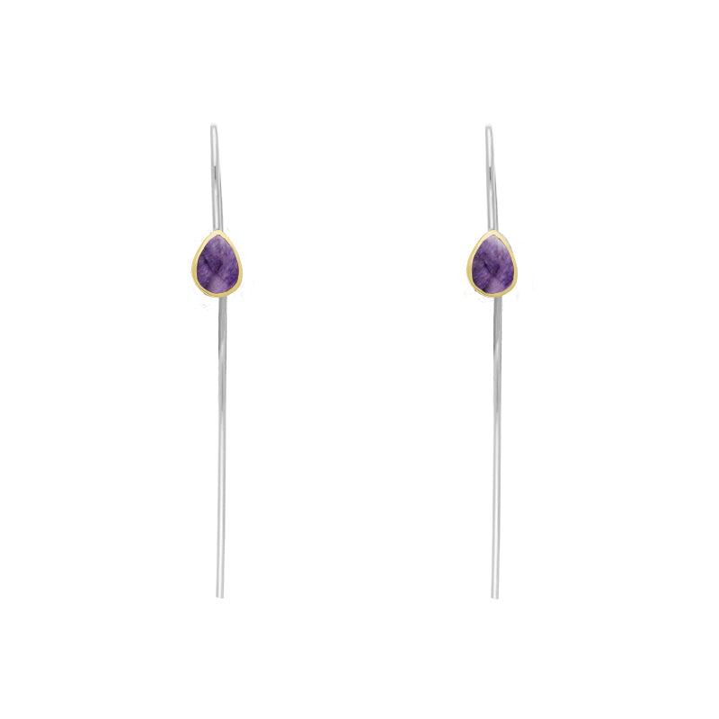 9ct Yellow Gold Sterling Silver Blue John Stepping Stones 5x7mm Pear Drop Hook Earrings