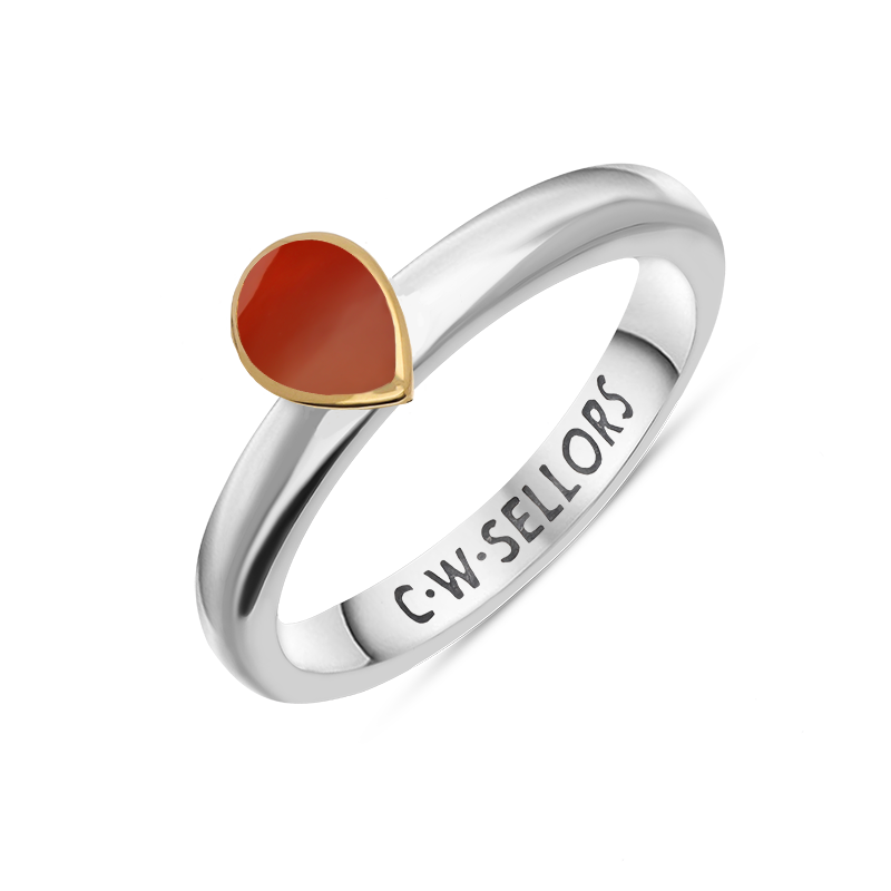 9ct Yellow Gold Sterling Silver Carnelian Stepping Stones 5x7mm Pear Cut Bezel Set Ring