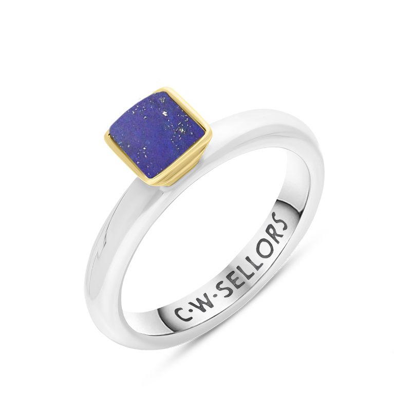 9ct Yellow Gold Sterling Silver Lapis Lazuli Stepping Stones 5mm Square Bezel Set Ring