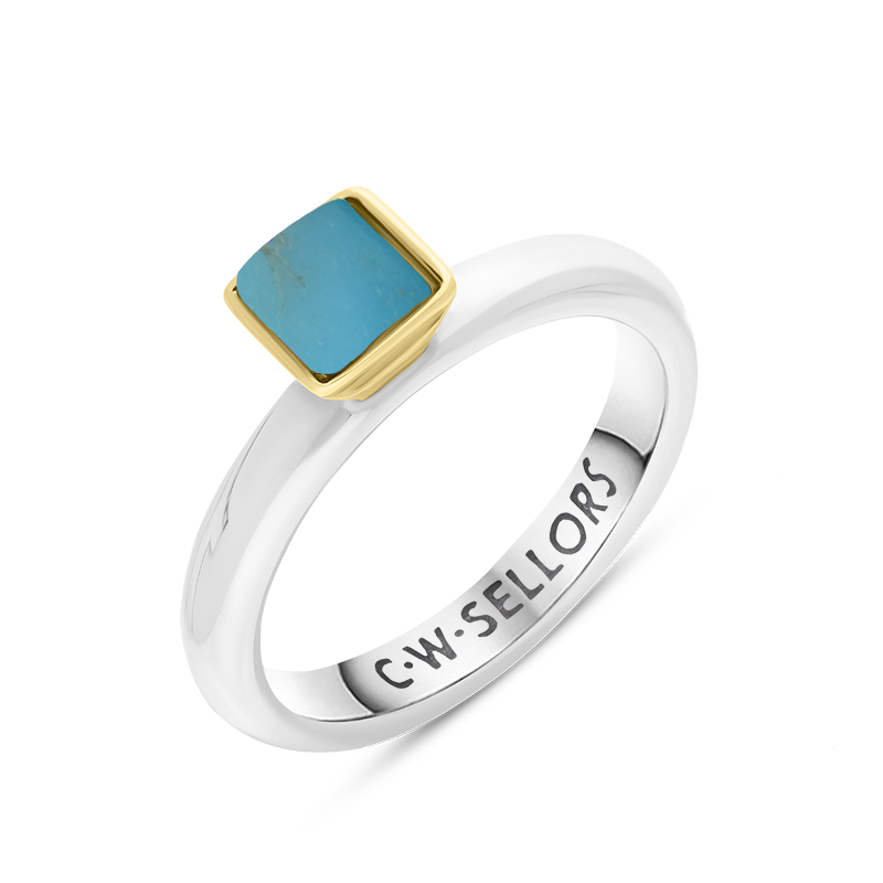 9ct Yellow Gold Sterling Silver Turquoise Stepping Stones 5mm Square Bezel Set Ring