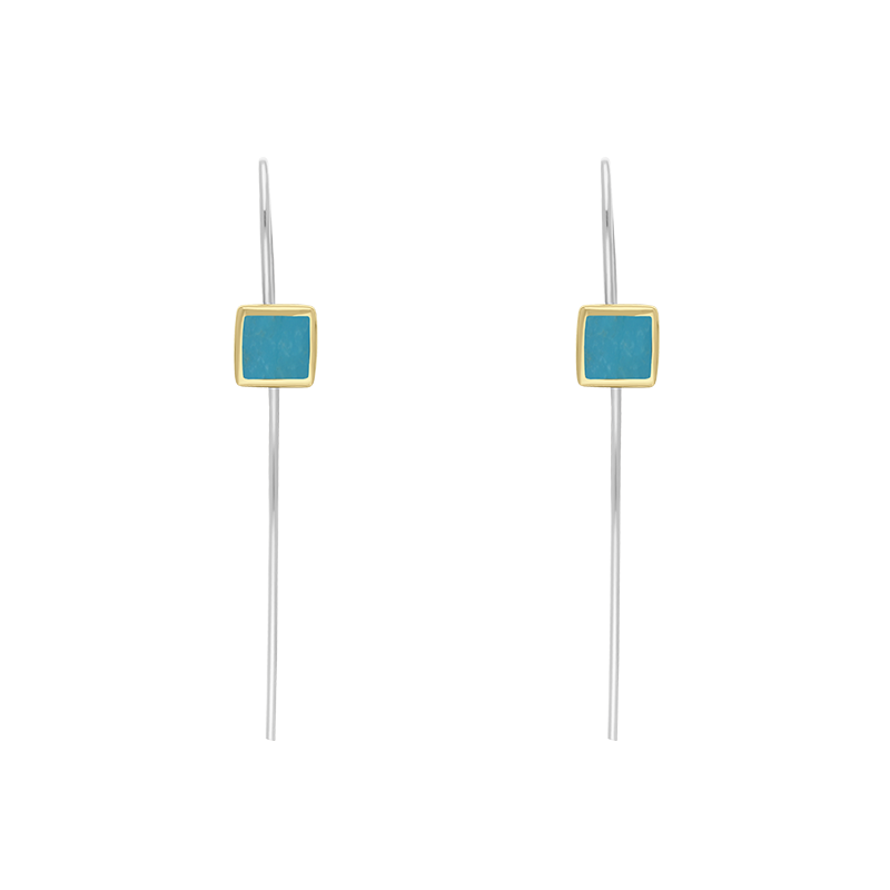 9ct Yellow Gold Sterling Silver Turquoise Stepping Stones 5mm Square Hook Earrings