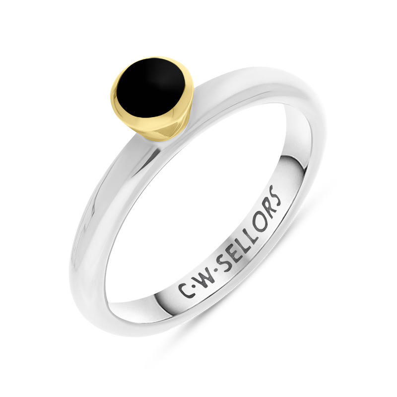 9ct Yellow Gold Sterling Silver Whitby Jet Stepping Stones 5mm Round Bezel Set Ring
