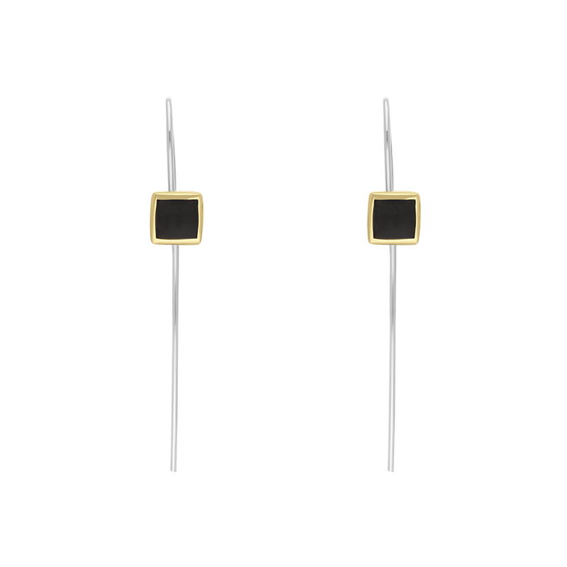 9ct Yellow Gold Sterling Silver Whitby Jet Stepping Stones 5mm Square Hook Earrings