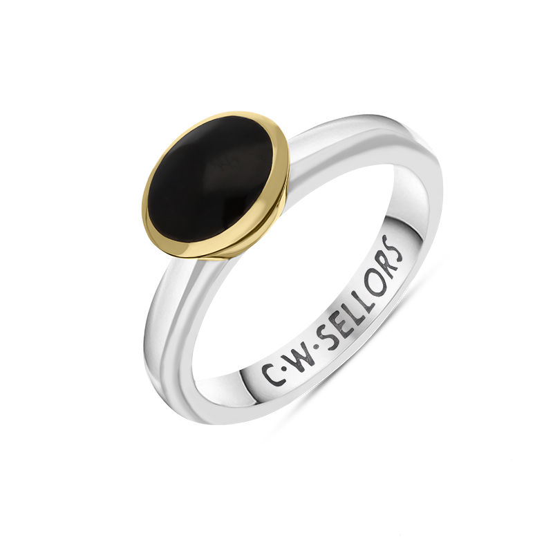 9ct Yellow Gold Sterling Silver Whitby Jet Stepping Stones 6x8mm Oval Bezel Set Ring