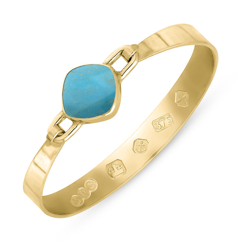 9ct Yellow Gold Turquoise Hallmark Wide Cushion Bangle - Gold
