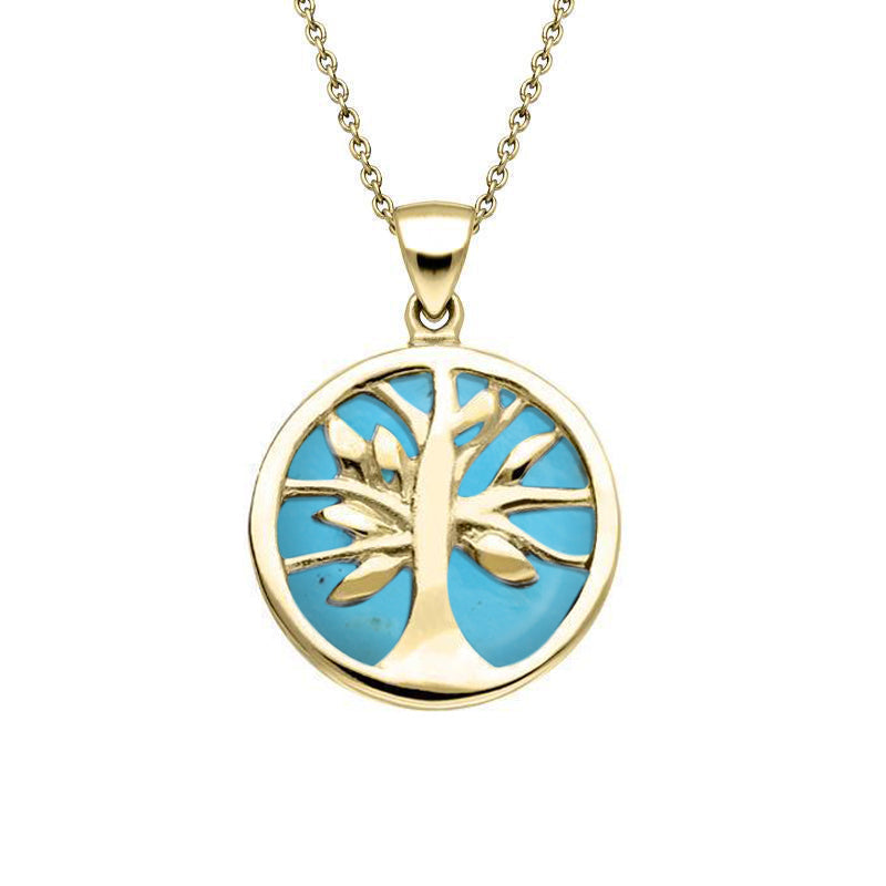 9ct Yellow Gold Turquoise Small Round Tree of Life Necklace