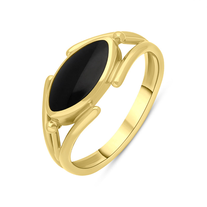 9ct Yellow Gold Whitby Jet Marquise Open Shank Ring - Silver