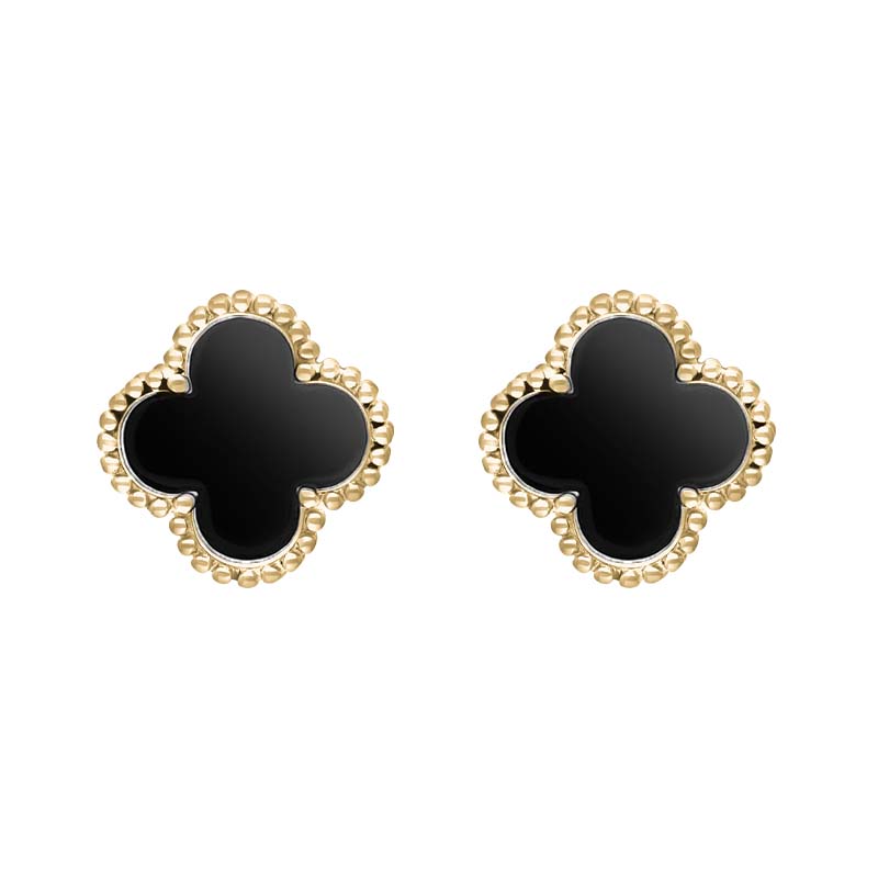 9ct Yellow Gold Whitby Jet Bloom Four Leaf Clover Ball Edge Stud Earrings - Gold
