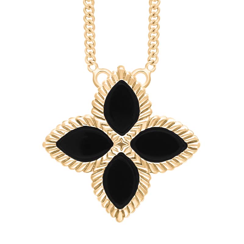 9ct Yellow Gold Whitby Jet Bloom Large Marquise Flower Necklace - Gold