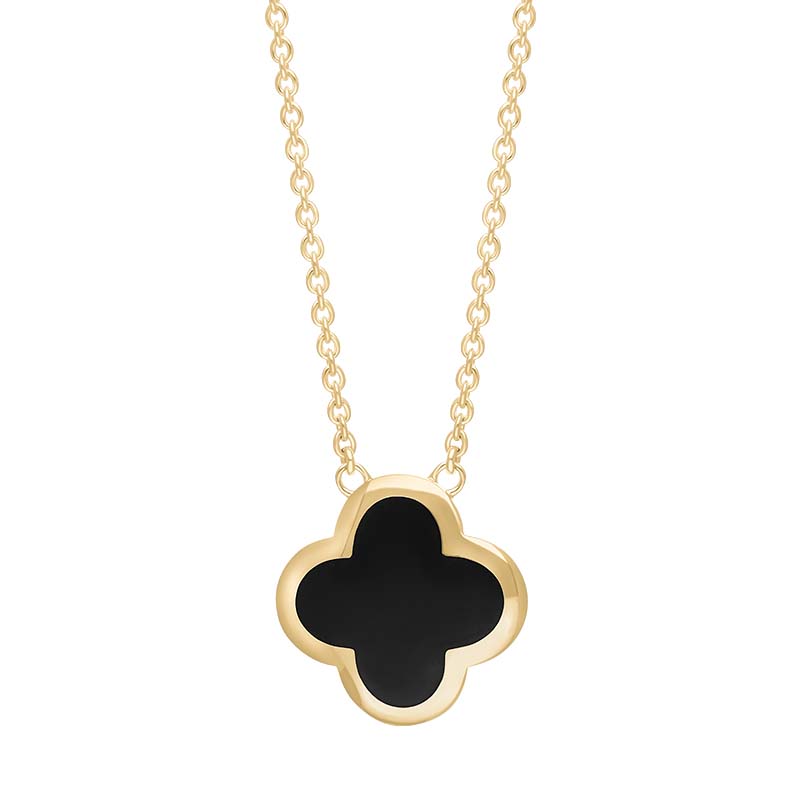 9ct Yellow Gold Whitby Jet Bloom Large Four Leaf Clover Polished Edge Pendant - Gold