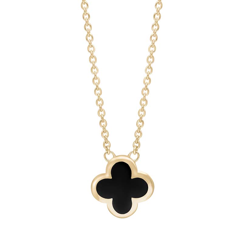 9ct Yellow Gold Whitby Jet Bloom Small Four Leaf Clover Polished Edge Pendant - Gold