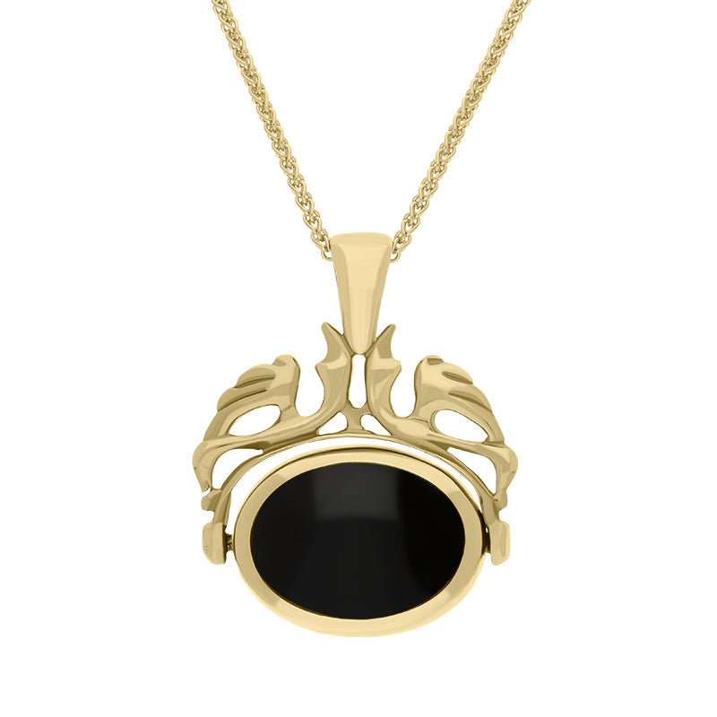 9ct Yellow Gold Whitby Jet Blue John Double Sided Oval Swivel Fob Necklace - Yellow Gold