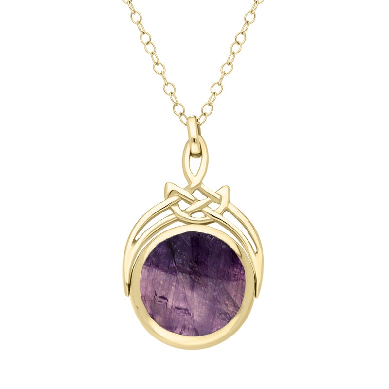9ct Yellow Gold Whitby Jet Blue John Round Swivel Fob Necklace - Gold