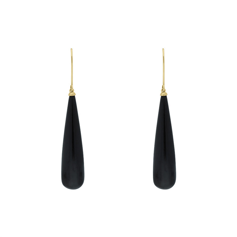 9ct Yellow Gold Whitby Jet Bomb Drop Long Hook Earrings D - Gold