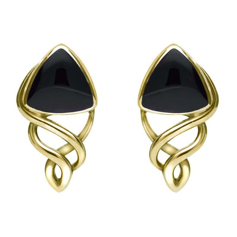 9ct Yellow Gold Whitby Jet Curve Triangle Celtic Stud Earrings - Yellow Gold