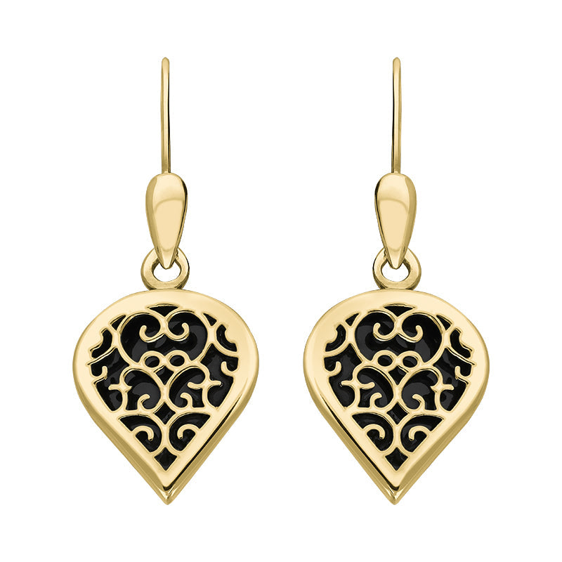 9ct Yellow Gold Whitby Jet Flore Filigree Heart Drop Earrings