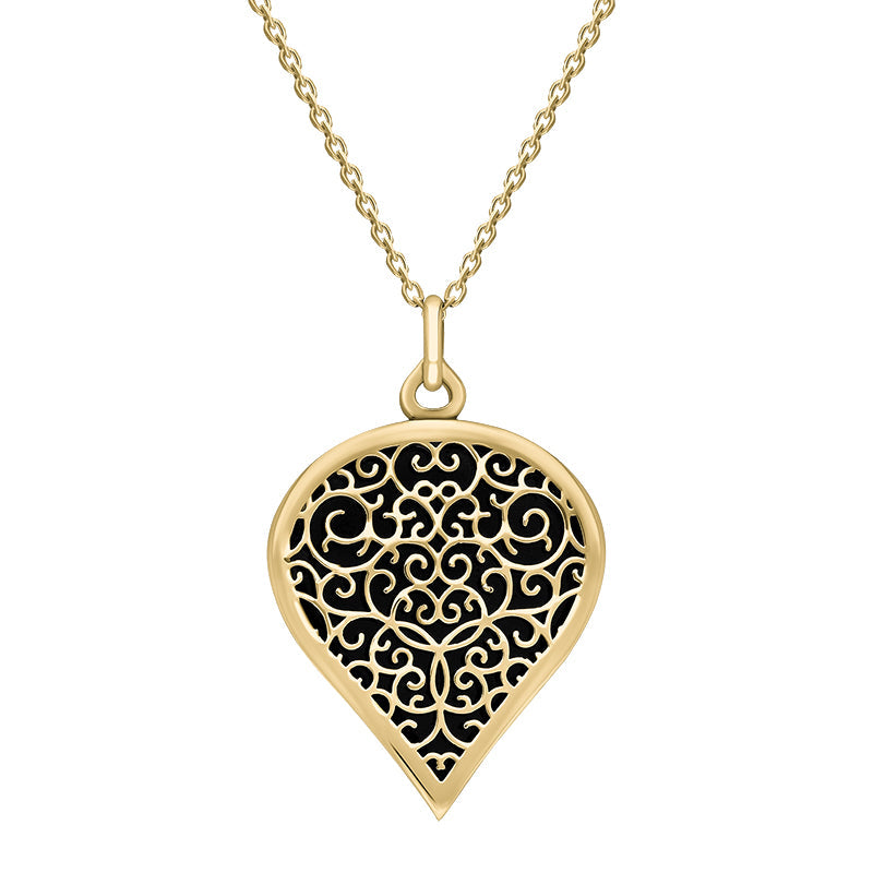 9ct Yellow Gold Whitby Jet Flore Filigree Large Heart Necklace