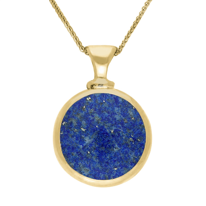9ct Yellow Gold Whitby Jet Lapis Lazuli Double Sided Round Dinky Fob Necklace - Yellow Gold