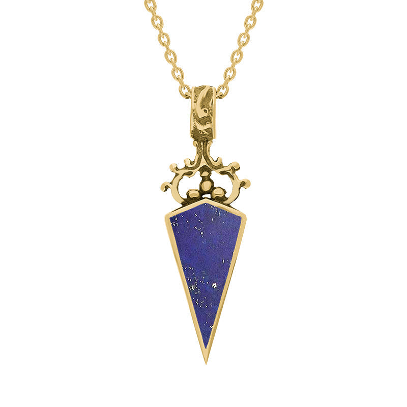 9ct Yellow Gold Whitby Jet Lapis Lazuli Double Sided Scroll Dagger Fob Necklace - Yellow Gold