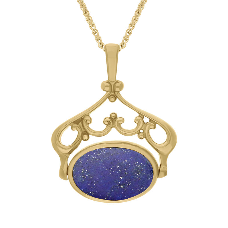 9ct Yellow Gold Whitby Jet Lapis Lazuli Double Sided Oval Swivel Fob Necklace - Yellow Gold