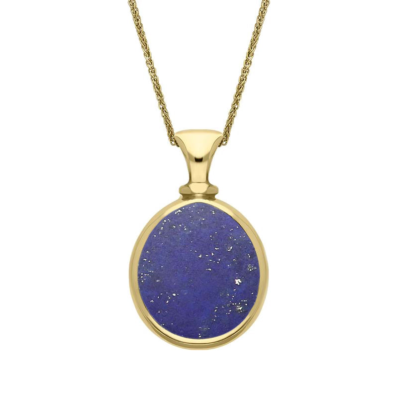 9ct Yellow Gold Whitby Jet Lapis Lazuli Small Double Sided Pear Fob Necklace