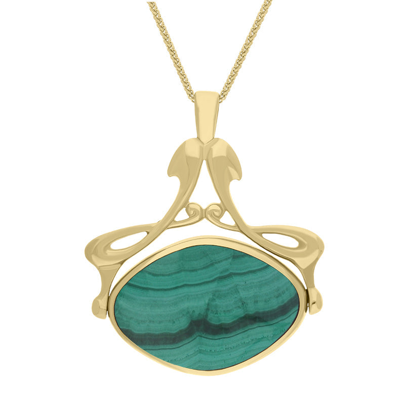 9ct Yellow Gold Whitby Jet Malachite Bell Diamond Swivel Fob Necklace - Gold