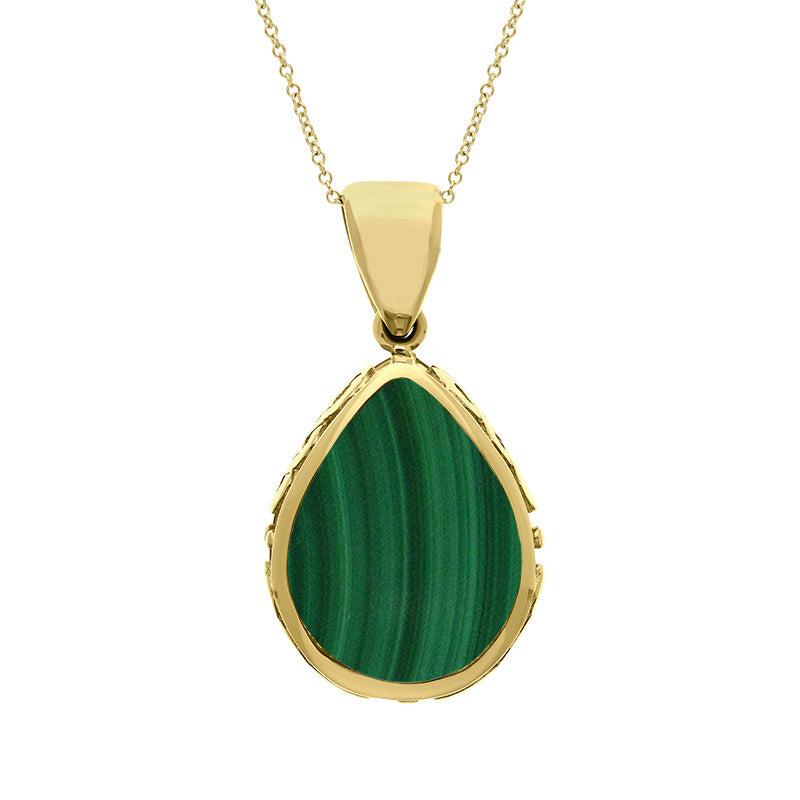 9ct Yellow Gold Whitby Jet Malachite Double Sided Celtic Edge Pear Cut Fob Necklace - Yellow Gold