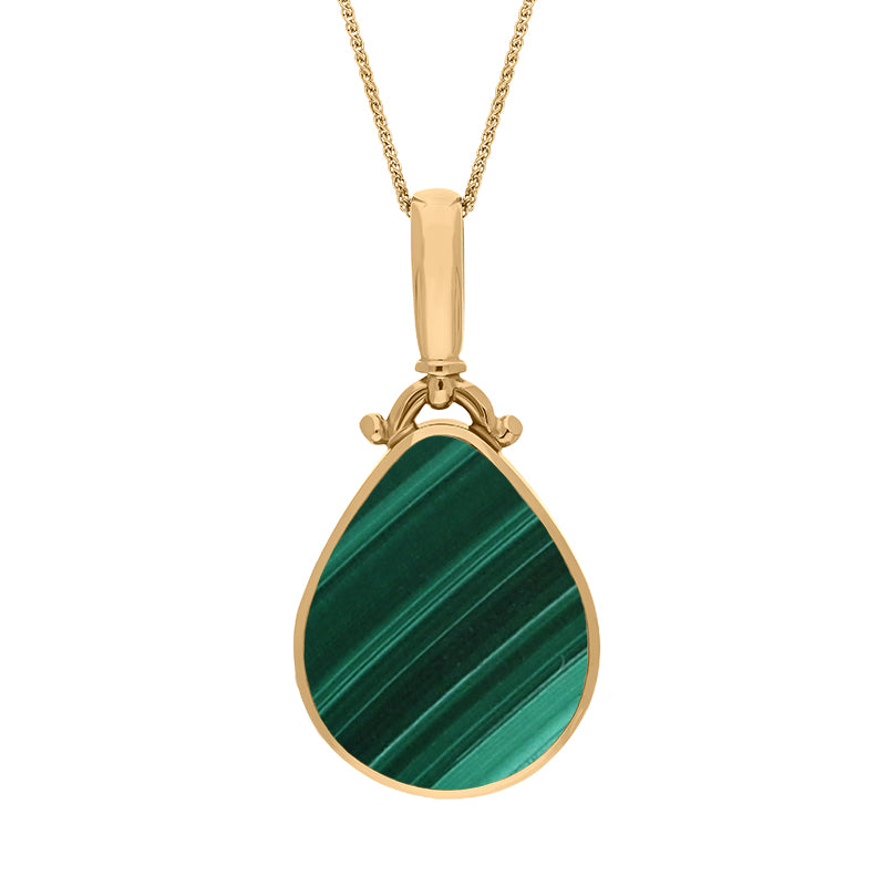 9ct Yellow Gold Whitby Jet Malachite Double Sided Pear Fob Necklace - Yellow Gold