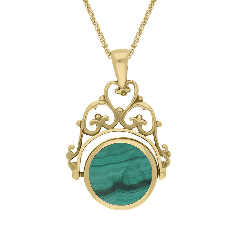9ct Yellow Gold Whitby Jet Malachite Double Sided Round Swivel Fob Necklace - Yellow Gold