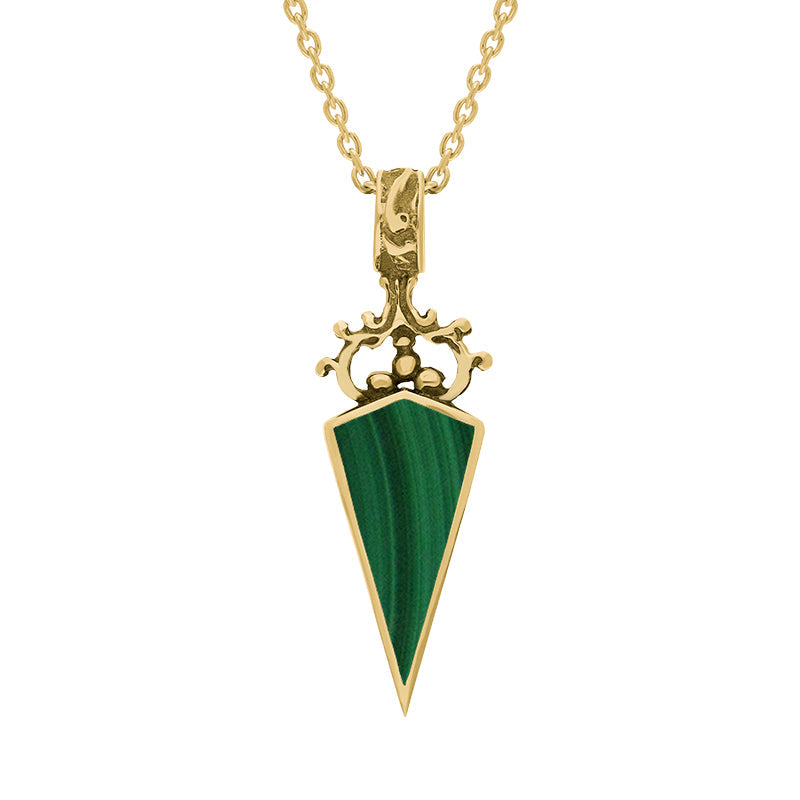 9ct Yellow Gold Whitby Jet Malachite Double Sided Scroll Top Dagger Fob Necklace - Yellow Gold