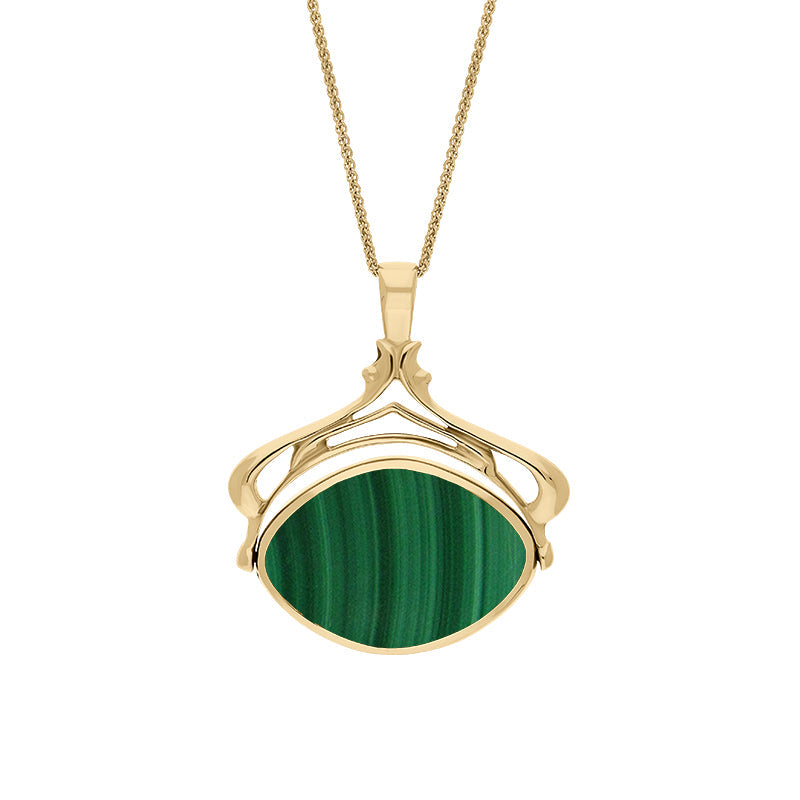 9ct Yellow Gold Whitby Jet Malachite Marquise Swivel Fob Necklace - Gold