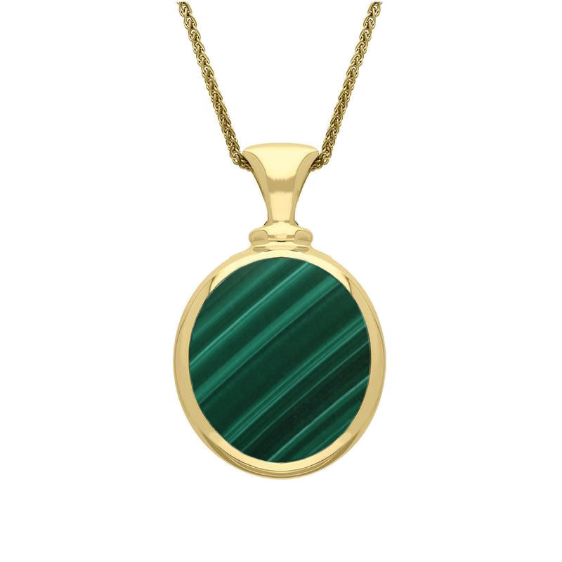 9ct Yellow Gold Whitby Jet Malachite Small Double Sided Oval Fob Necklace - Yellow Gold