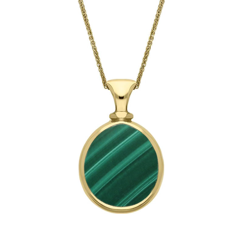 9ct Yellow Gold Whitby Jet Malachite Small Double Sided Pear Fob Necklace