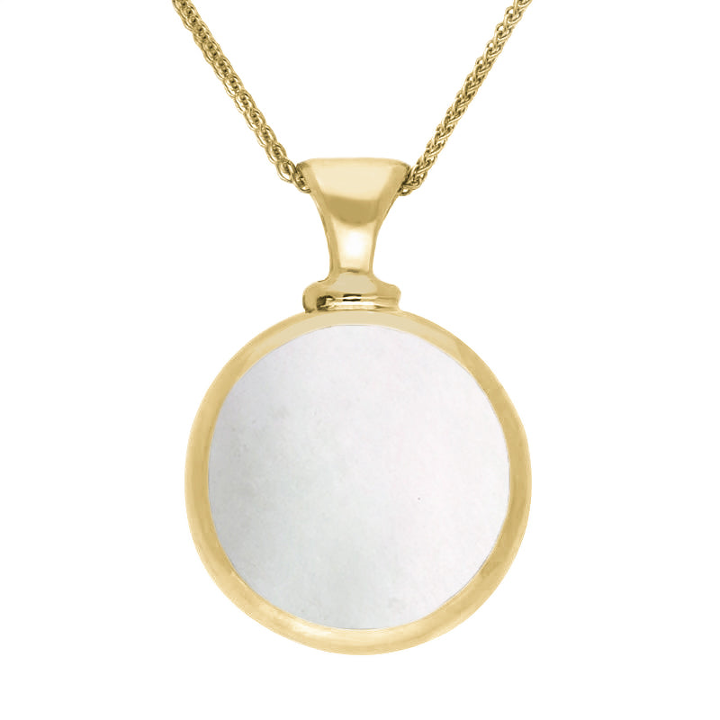 9ct Yellow Gold Whitby Jet Mother Of Pearl Double Sided Round Dinky Fob Necklace - Yellow Gold