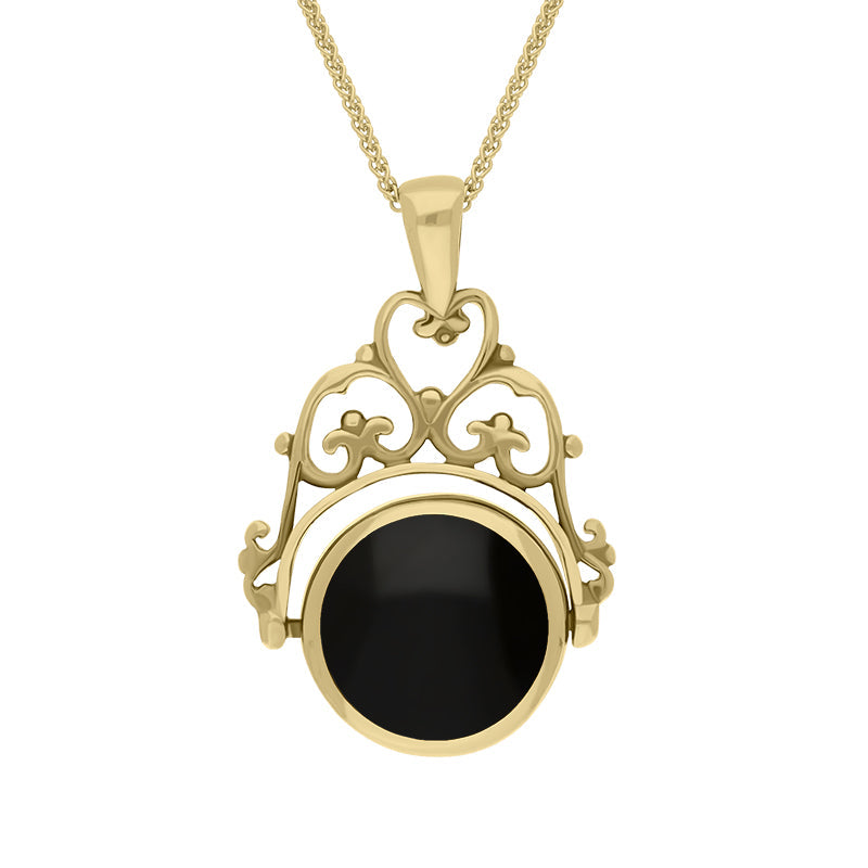 9ct Yellow Gold Whitby Jet Lapis Lazuli Double Sided Round Swivel Fob Necklace - Yellow Gold