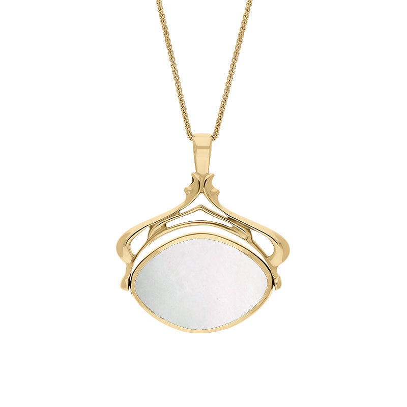 9ct Yellow Gold Whitby Jet Mother Of Pearl Marquise Swivel Fob Necklace - Gold