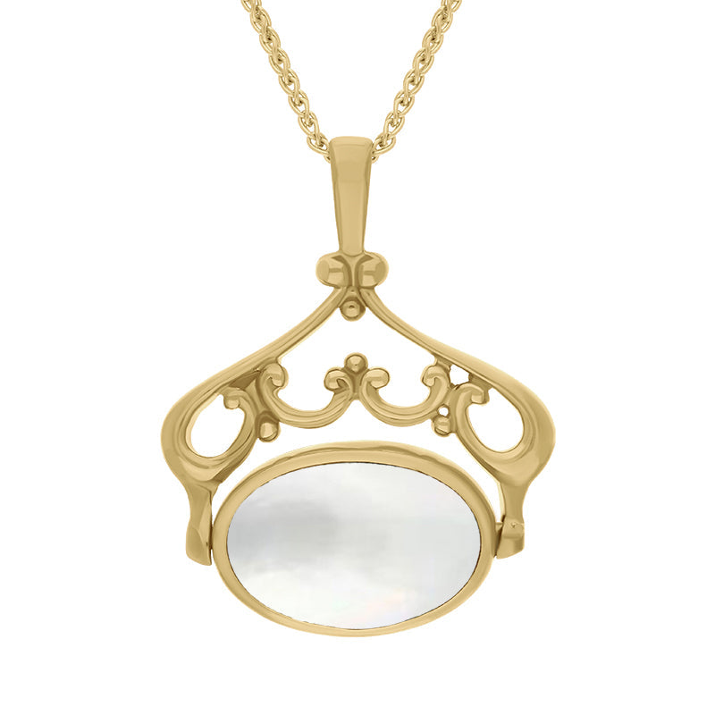 9ct Yellow Gold Whitby Jet Mother Of Pearl Double Sided Oval Swivel Fob Necklace - Yellow Gold
