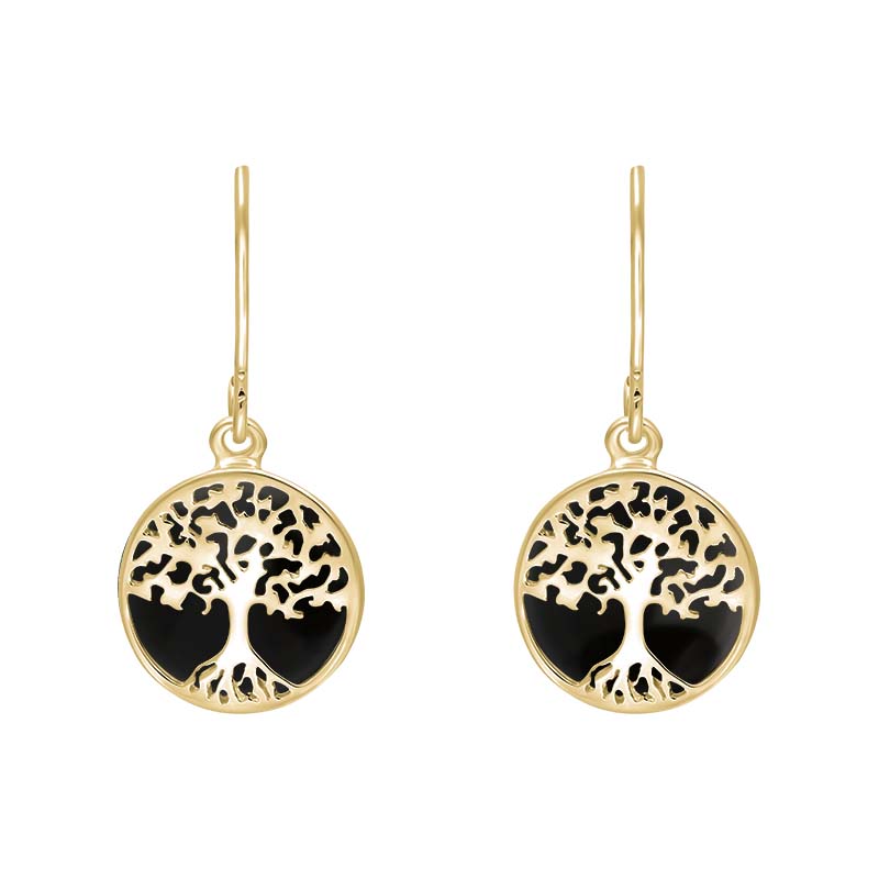 9ct Yellow Gold Whitby Jet Round Tree of Life Drop Earrings