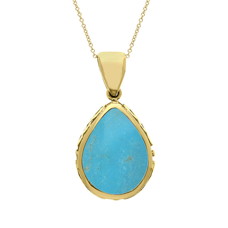 9ct Yellow Gold Whitby Jet Turquoise Double Sided Celtic Pear Cut Fob Necklace - Yellow Gold