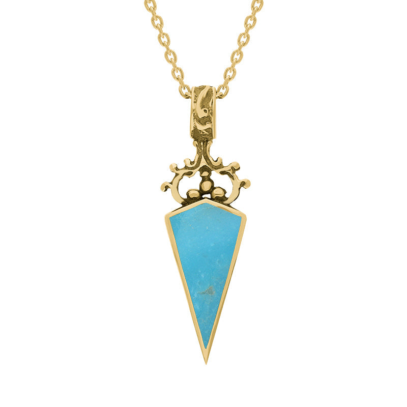 9ct Yellow Gold Whitby Jet Turquoise Double Sided Scroll Dagger Fob Necklace - Yellow Gold