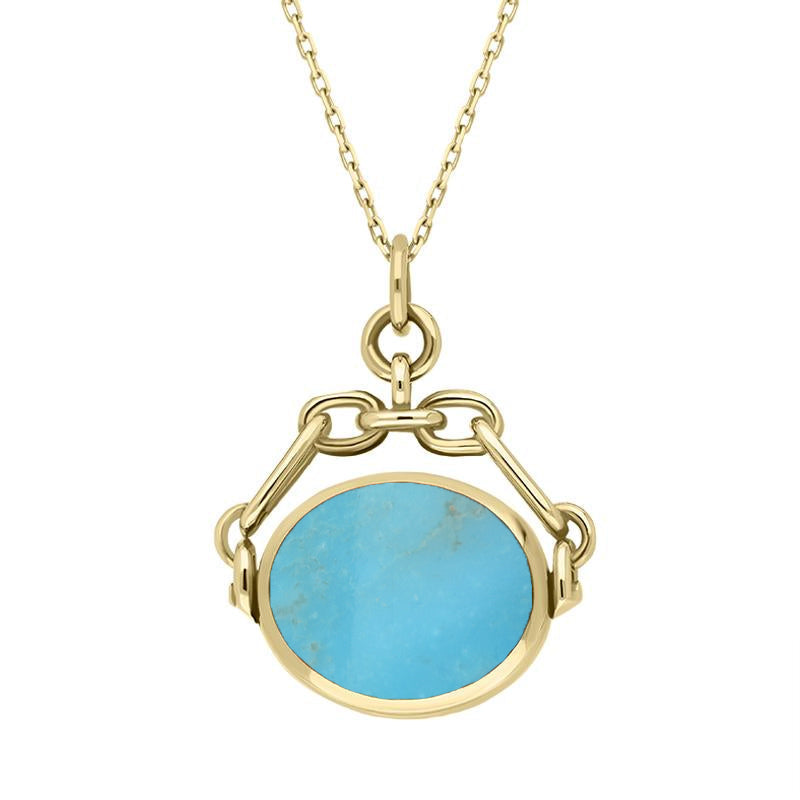 9ct Yellow Gold Whitby Jet Turquoise Double Sided Swivel Fob Necklace - Yellow Gold