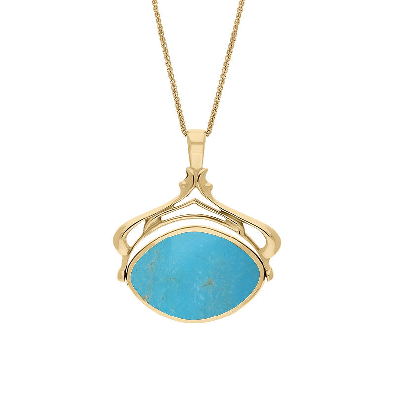 9ct Yellow Gold Whitby Jet Turquoise Marquise Swivel Fob Necklace - Gold