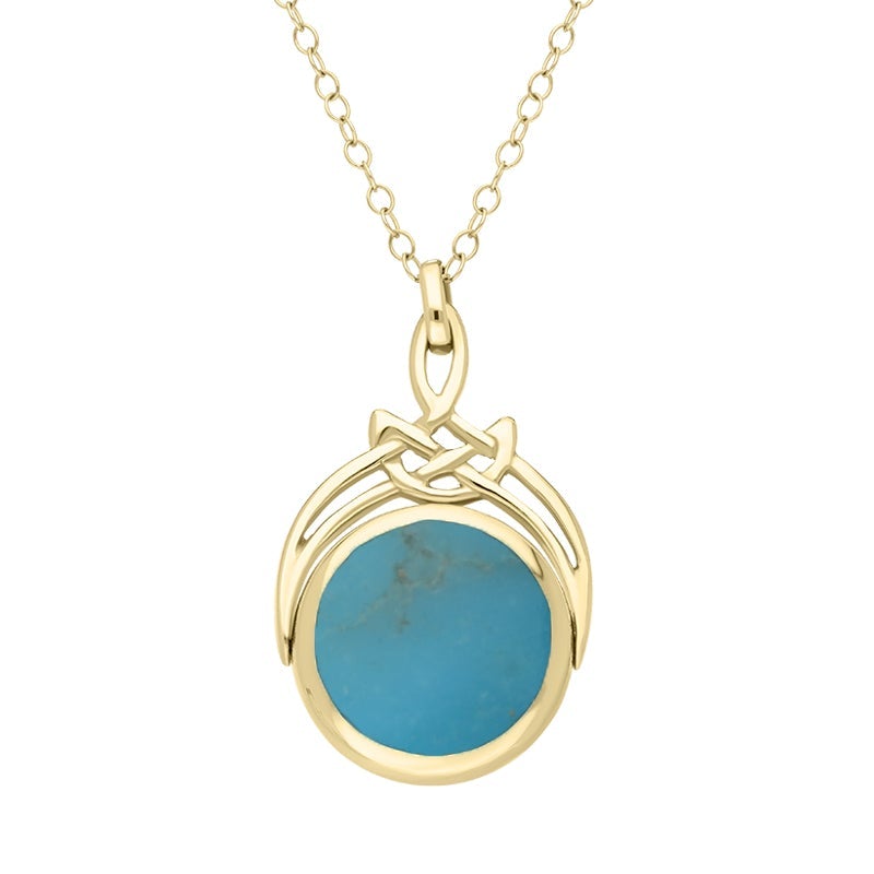 9ct Yellow Gold Whitby Jet Turquoise Round Swivel Fob Necklace - Gold